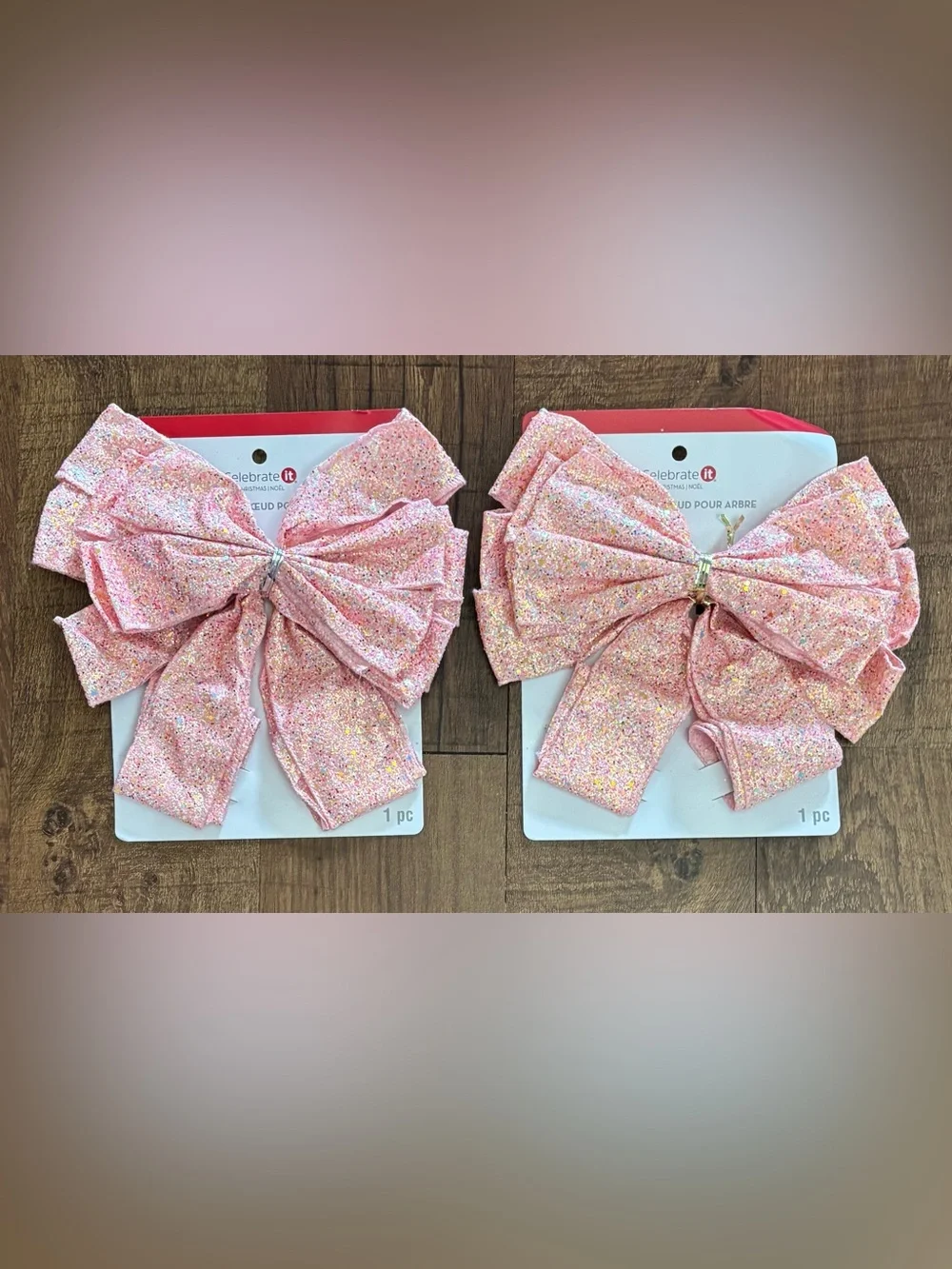 Large Christmas tree/everyday glitter pink bows 2 total NEW NWT